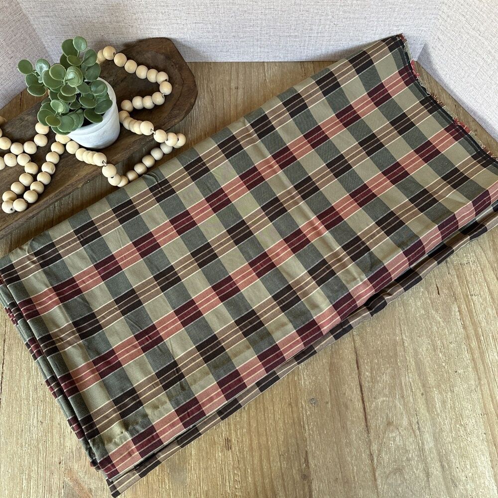 Vtg Woven Plaid Fabric 5.47 Yds x 53" Sage Green Burgundy Tan Decorator Yardage
